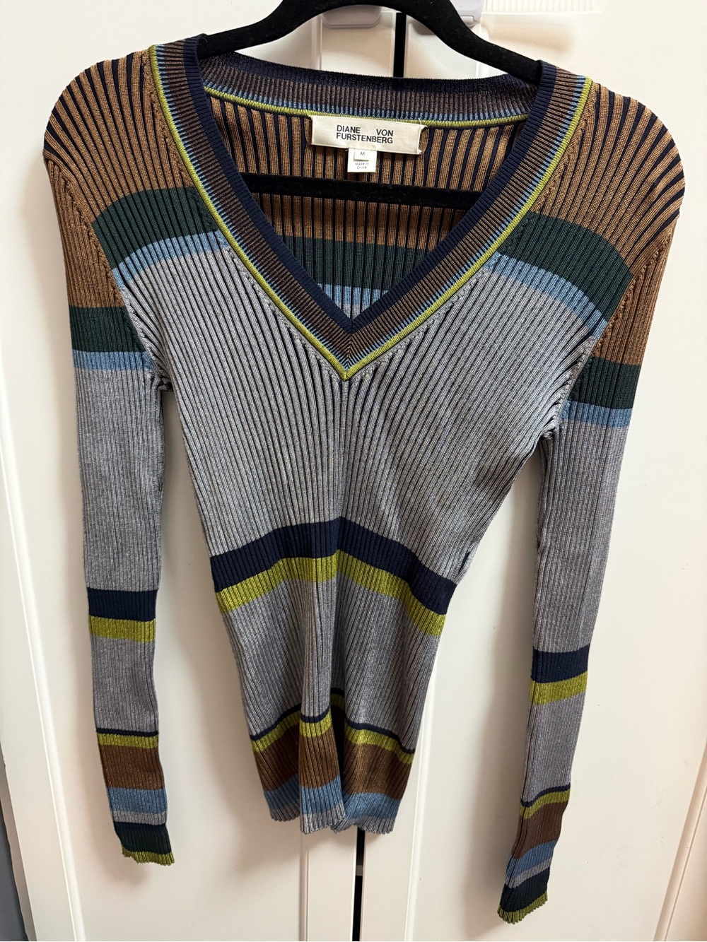 Diane Von Furstenberg Gray Striped V-Neck Sweater with Olive and Navy Accents